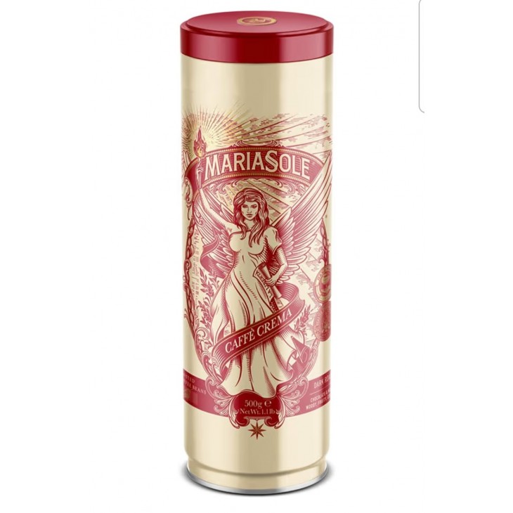 Cafea boabe MariaSole Caffè Crema 500 g, cutie metalica premium, prajire traditionala pe foc de lemne in Sicilia, pentru espressoare automate si portafiltru