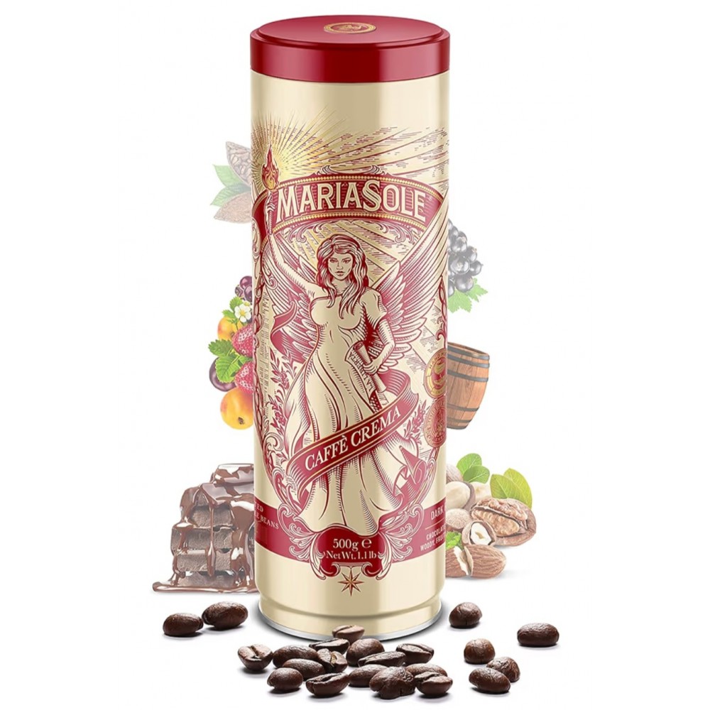 Cafea boabe MariaSole Caffè Crema 500 g, cutie metalica premium, prajire traditionala pe foc de lemne in Sicilia, pentru espressoare automate si portafiltru