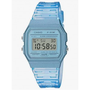Ceas unisex digital Casio Collection F-91W, quartz, rezistent la apa, alarma si cronometru, bratara transparenta albastra
