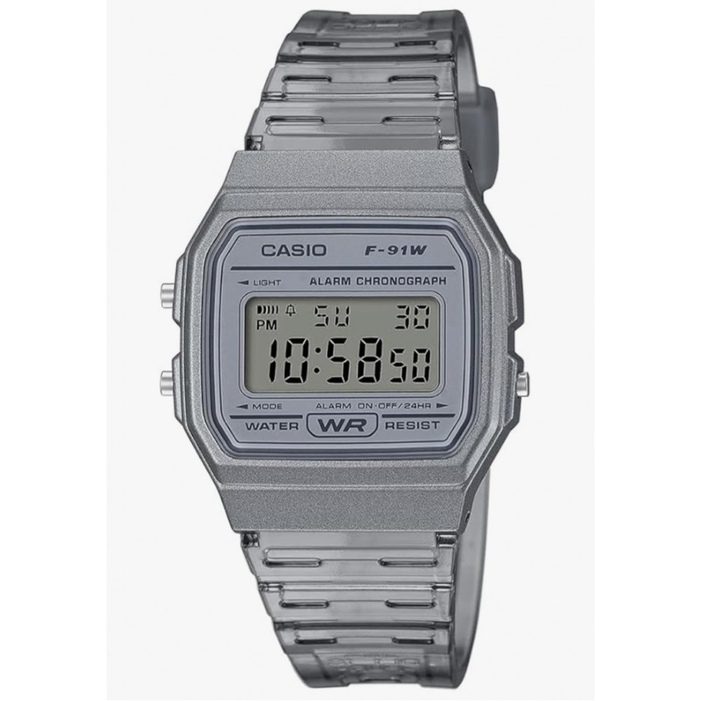 Ceas unisex digital Casio Collection F-91W, quartz, rezistent la apa, alarma si cronometru, bratara transparenta gri
