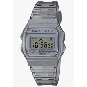 Ceas unisex digital Casio Collection F-91W, quartz, rezistent la apa, alarma si cronometru, bratara transparenta gri