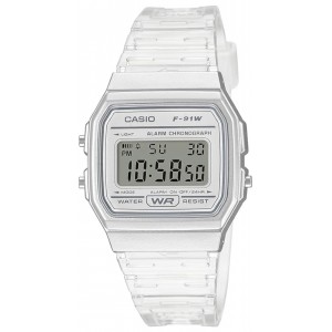 Ceas unisex digital Casio Collection F-91W, quartz, rezistent la apa, alarma si cronometru, bratara transparenta 