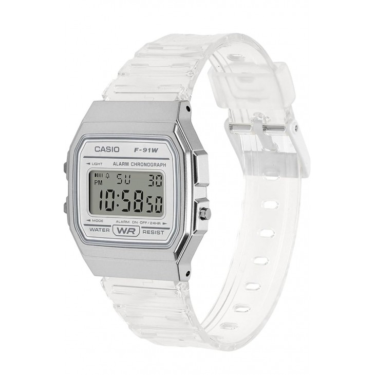 Ceas unisex digital Casio Collection F-91W, quartz, rezistent la apa, alarma si cronometru, bratara transparenta 