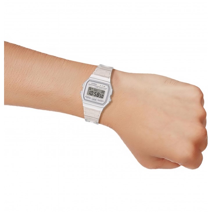 Ceas unisex digital Casio Collection F-91W, quartz, rezistent la apa, alarma si cronometru, bratara transparenta 