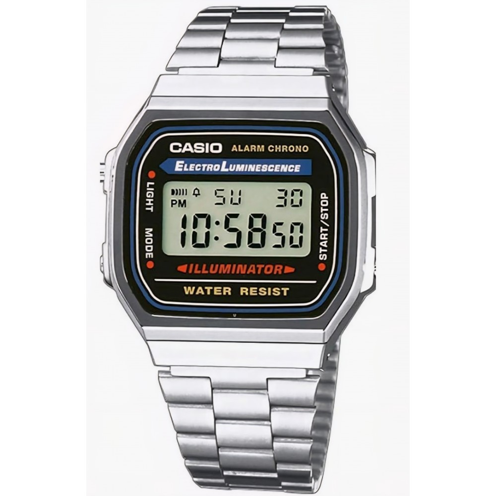 Ceas unisex digital Casio A168WA, quartz, bratara din otel inoxidabil, iluminare electroluminiscenta, alarma si cronometru