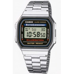 Ceas unisex digital Casio A168WA, quartz, bratara din otel inoxidabil, iluminare electroluminiscenta, alarma si cronometru