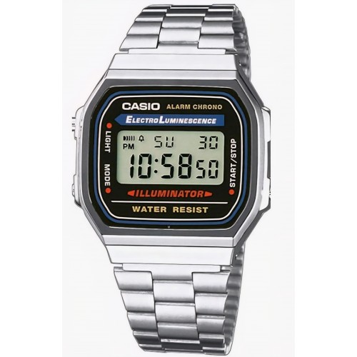 Ceas unisex digital Casio A168WA, quartz, bratara din otel inoxidabil, iluminare electroluminiscenta, alarma si cronometru