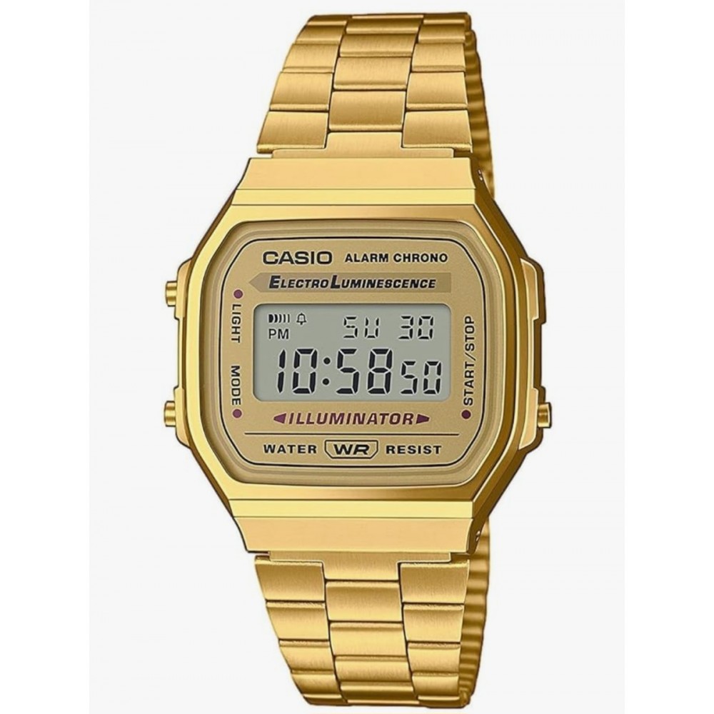 Ceas unisex digital Casio, quartz, bratara din otel inoxidabil aurie, iluminare electroluminiscenta, alarma si cronometru, rezistent la apa