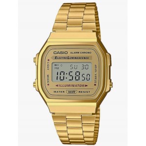 Ceas unisex digital Casio, quartz, bratara din otel inoxidabil aurie, iluminare electroluminiscenta, alarma si cronometru, rezistent la apa