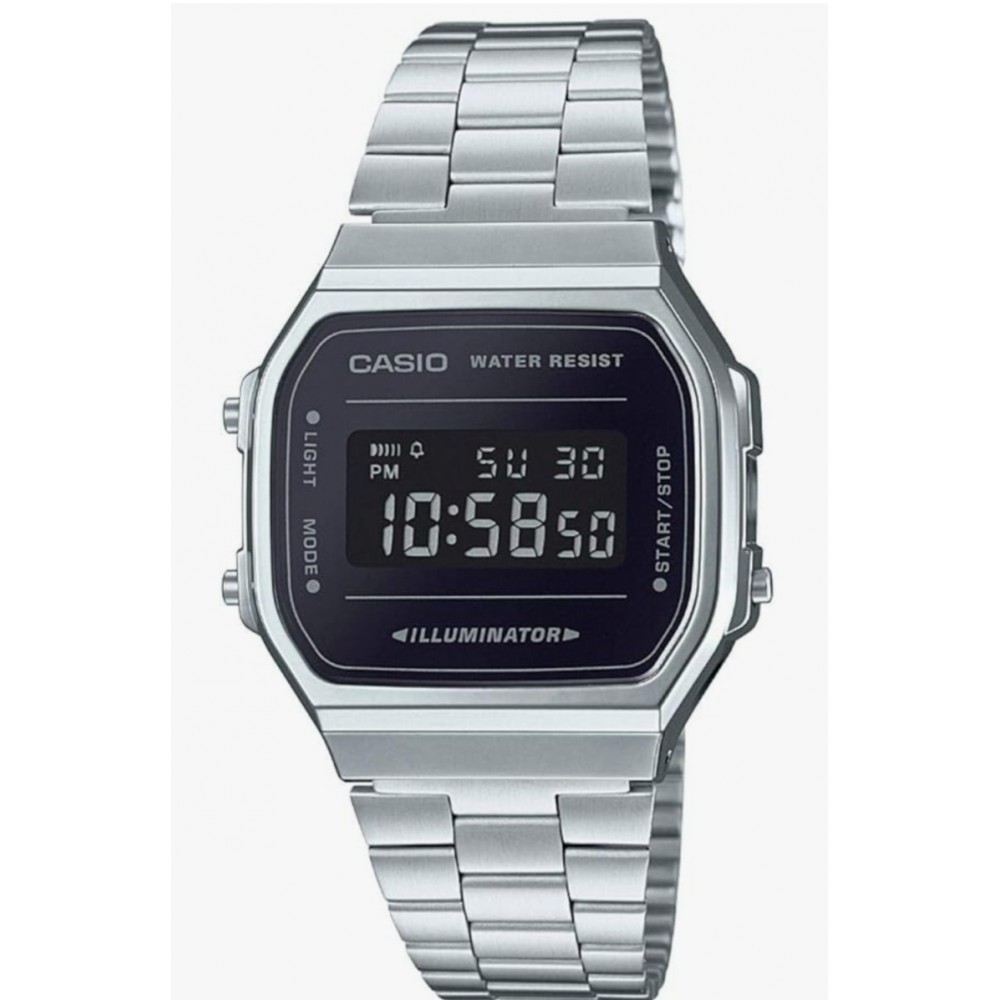 Ceas unisex digital Casio, quartz, bratara din otel inoxidabil argintie, iluminare electroluminiscenta, alarma si cronometru, rezistent la apa, fata neagra