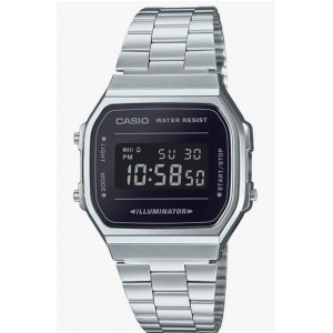 Ceas unisex digital Casio, quartz, bratara din otel inoxidabil argintie, iluminare electroluminiscenta, alarma si cronometru, rezistent la apa, fata neagra