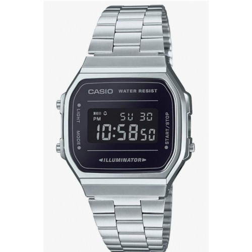 Ceas unisex digital Casio, quartz, bratara din otel inoxidabil argintie, iluminare electroluminiscenta, alarma si cronometru, rezistent la apa, fata neagra