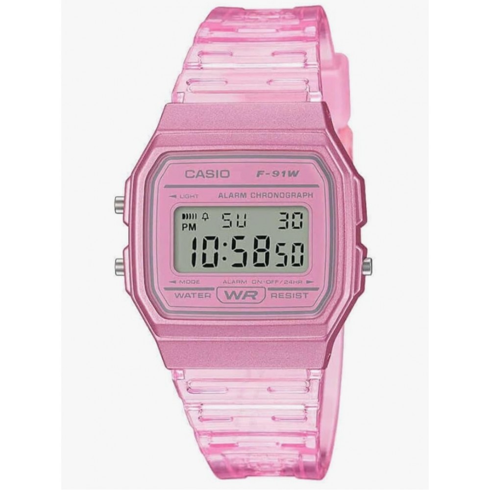 Ceas unisex digital Casio Collection F-91W, quartz, rezistent la apa, alarma si cronometru, bratara transparenta roz