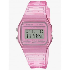 Ceas unisex digital Casio Collection F-91W, quartz, rezistent la apa, alarma si cronometru, bratara transparenta roz