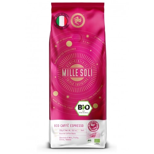 Cafea boabe MilleSoli Organic Caffè Espresso 250 g, 100% bio, prajita in Sicilia, proces artizanal traditional, pentru espressoare automate si portafiltru