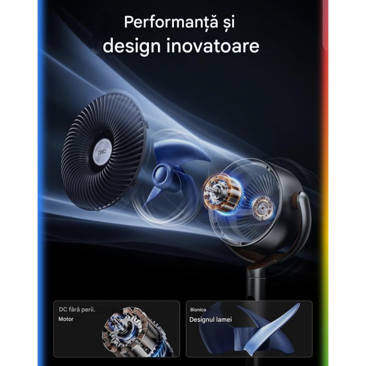 Ventilator de podea, Dreo Ultra, silentios 20 dB, oscilatie omnidirectionala 120° + 120°, raza de actiune 26 m, debit aer 1200 m³/h, turbo Air Circulator, inaltime 102 cm, 3 moduri, 8 trepte de viteza, livrare 7 zile