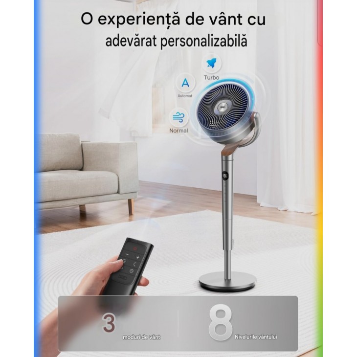 Ventilator de podea, Dreo Ultra, silentios 20 dB, oscilatie omnidirectionala 120° + 120°, raza de actiune 26 m, debit aer 1200 m³/h, turbo Air Circulator, inaltime 102 cm, 3 moduri, 8 trepte de viteza, livrare 7 zile