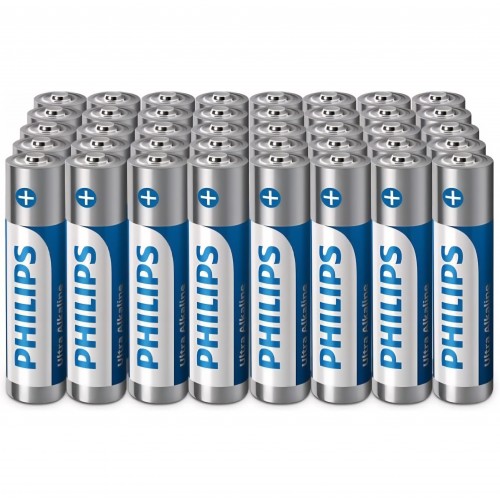 Set 40 baterii AAA alcaline Philips Ultra, performanță fiabilă, durată lungă de viață, pentru telecomenzi, jucării și dispozitive mici