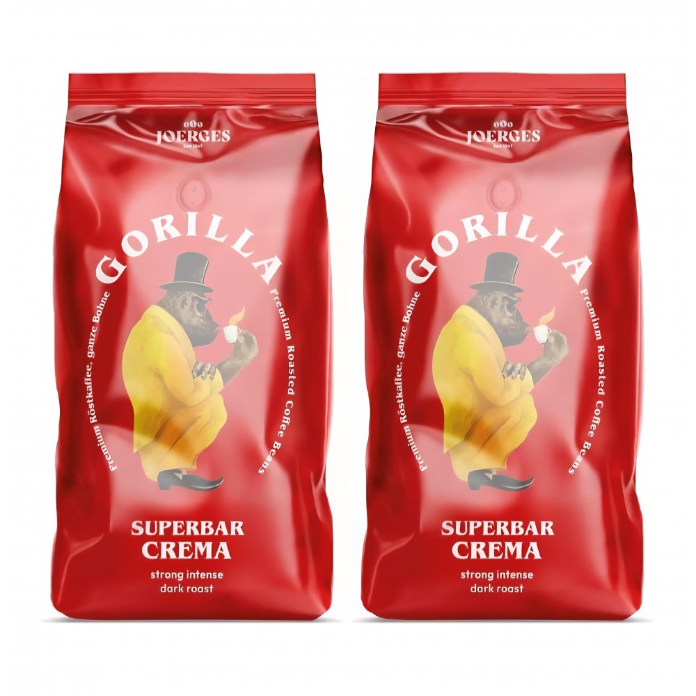 Cafea boabe Joerges Gorilla Super Bar Crema, 2 x 1 kg, amestec premium, cremă bogată, aromă intensă, pentru espresso și băuturi cu lapte