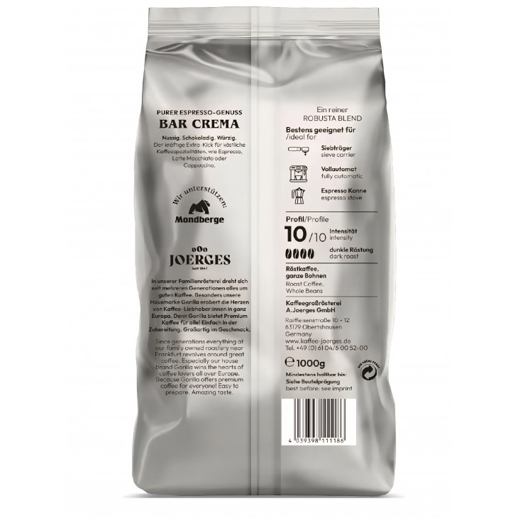 Cafea boabe Joerges Espresso Gorilla Bar Crema, 2 x 1 kg, cremă densă, gust intens, pentru espresso și băuturi cu lapte