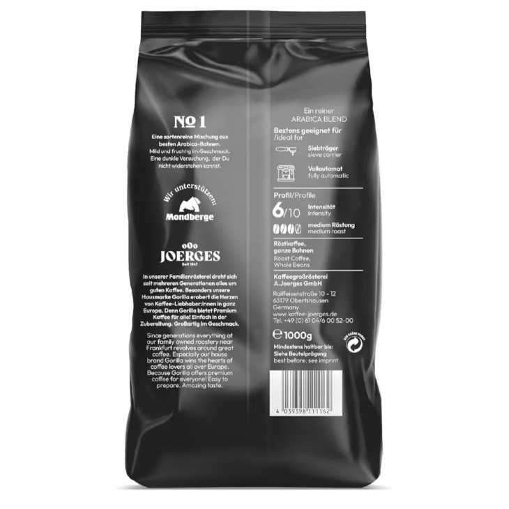 Cafea boabe Joerges Espresso Gorilla Crema No.1 Dark Roast, 1 kg, prăjire intensă, cremă densă, gust puternic, pentru espresso și cappuccino