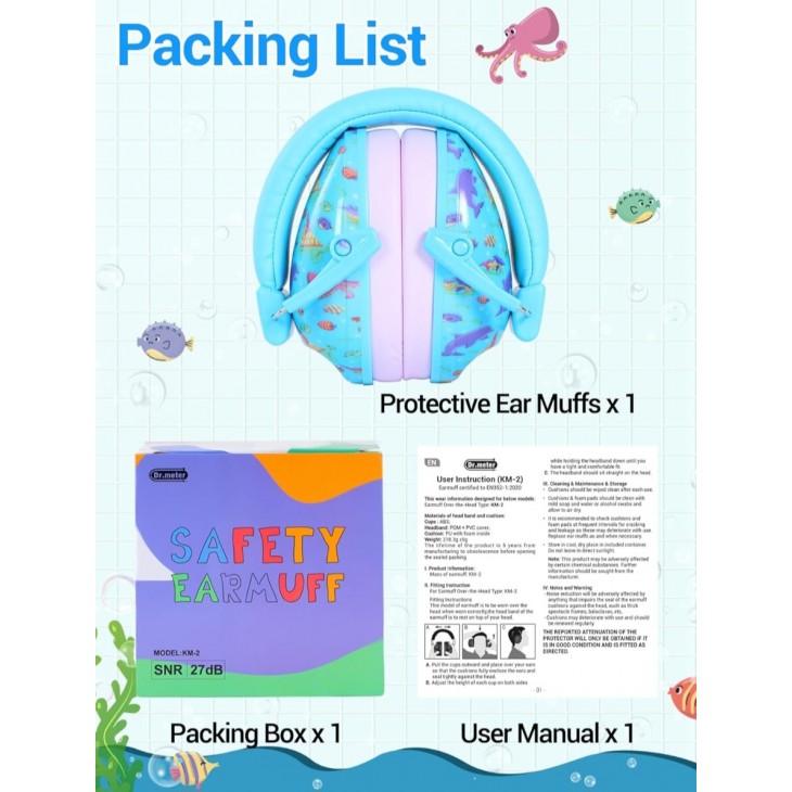 Casti antifonice copii Dr.meter, protectie auditiva pasiva SNR 27dB, design ergonomic, pentru scoala, somn, invatare, autism, instrumente muzicale, Blue Ocean, termen livrare 7-8 zile