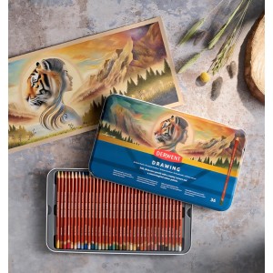 Set 36 creioane colorate profesionale Derwent Drawing 2306557, cutie metalică, mină 5 mm, textură cremoasă, culori intense, pentru desen artistic