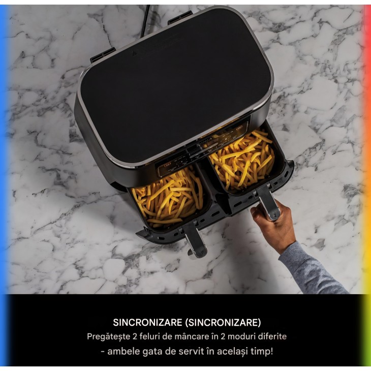 Friteuză cu aer cald Ninja AF300EU Dual Zone, 2470W, Capacitate 7.6L, 2 Compartimente Independente, 6 Funcții de Gătire, Economie Energie până la 65%, Negru/Gri, termen livrare 7-8 zile