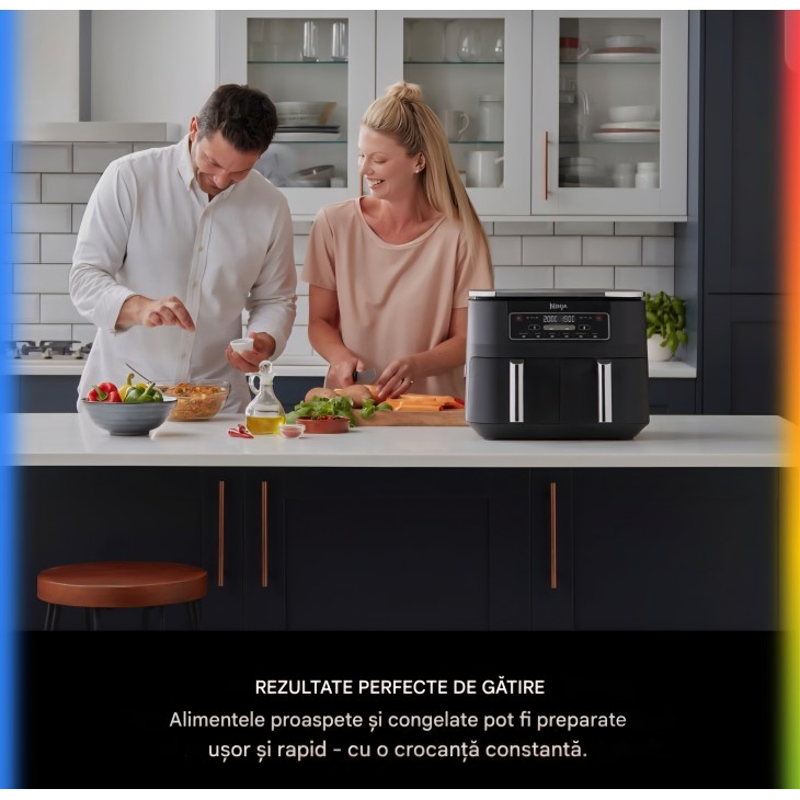Friteuză cu aer cald Ninja AF300EU Dual Zone, 2470W, Capacitate 7.6L, 2 Compartimente Independente, 6 Funcții de Gătire, Economie Energie până la 65%, Negru/Gri, termen livrare 7-8 zile