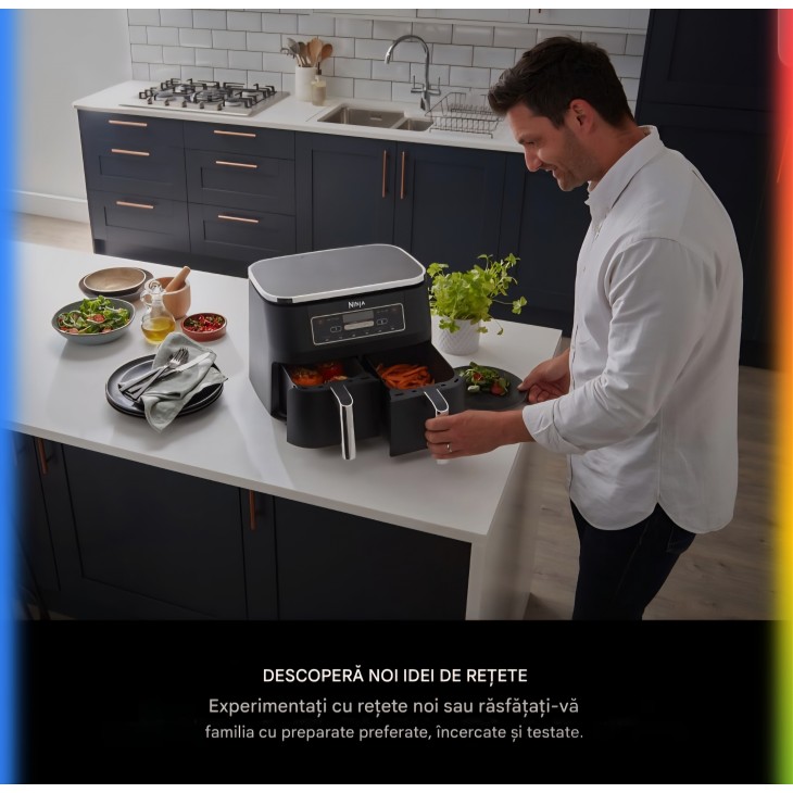 Friteuză cu aer cald Ninja AF300EU Dual Zone, 2470W, Capacitate 7.6L, 2 Compartimente Independente, 6 Funcții de Gătire, Economie Energie până la 65%, Negru/Gri, termen livrare 7-8 zile