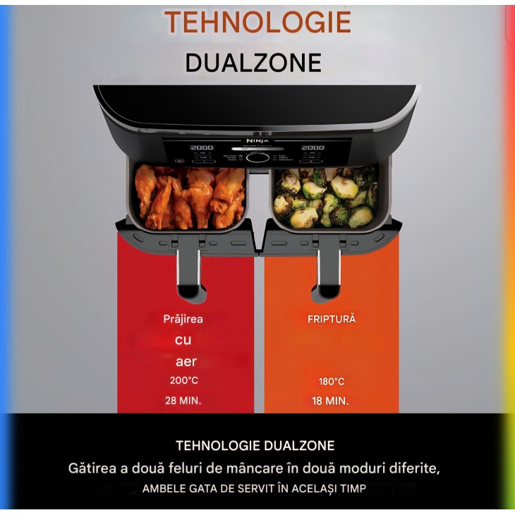 Friteuză cu aer cald Ninja AF300EU Dual Zone, 2470W, Capacitate 7.6L, 2 Compartimente Independente, 6 Funcții de Gătire, Economie Energie până la 65%, Negru/Gri, termen livrare 7-8 zile
