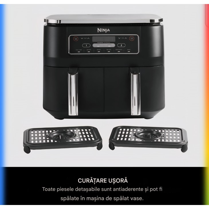 Friteuză cu aer cald Ninja AF300EU Dual Zone, 2470W, Capacitate 7.6L, 2 Compartimente Independente, 6 Funcții de Gătire, Economie Energie până la 65%, Negru/Gri, termen livrare 7-8 zile