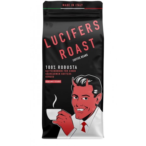 Cafea Boabe LUCIFERS ROAST 1 Kg, 100% Robusta, Extra Strong Espresso, Prajire Dark Roast, Aciditate Redusa, Compatibila Espressor Automat si Portafiltru, Boabe Intregi, Import Italia