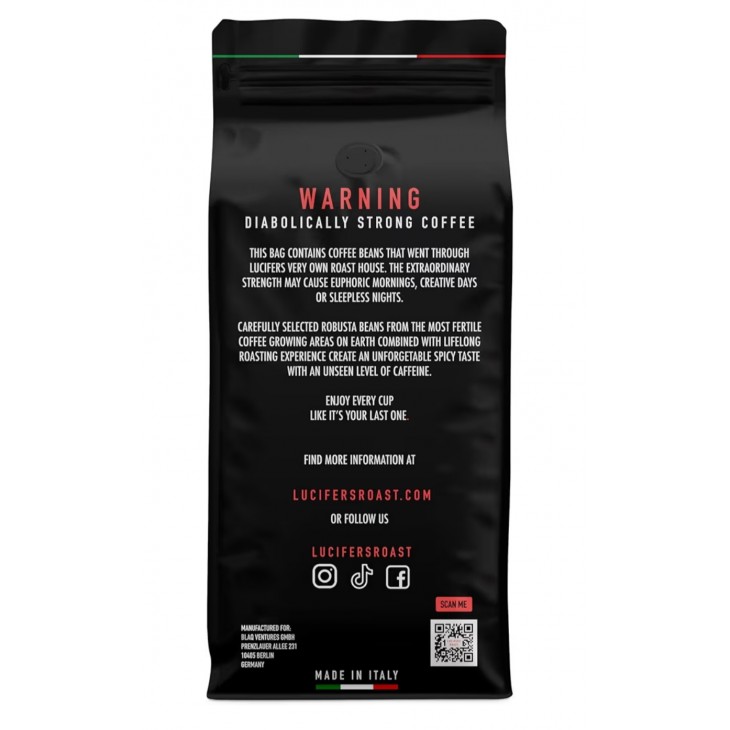 Cafea Boabe LUCIFERS ROAST 1 Kg, 100% Robusta, Extra Strong Espresso, Prajire Dark Roast, Aciditate Redusa, Compatibila Espressor Automat si Portafiltru, Boabe Intregi, Import Italia