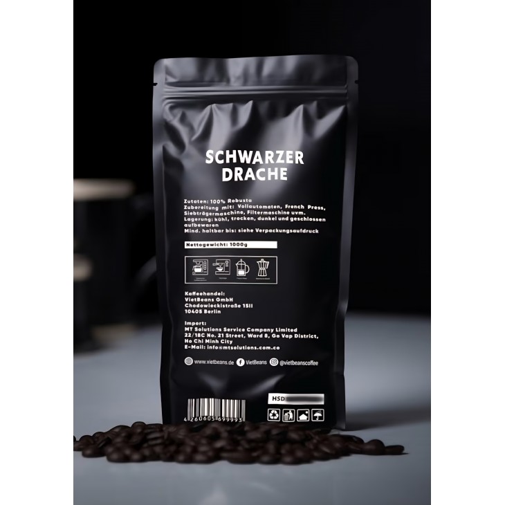 Cafea boabe Black Dragon Espresso 1 kg, 100% Robusta, prăjită intens, Extra Strong, gust foarte puternic și corpolent