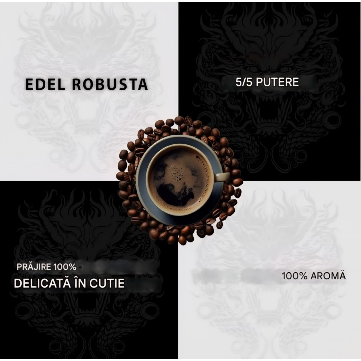 Cafea boabe Black Dragon Espresso 1 kg, 100% Robusta, prăjită intens, Extra Strong, gust foarte puternic și corpolent