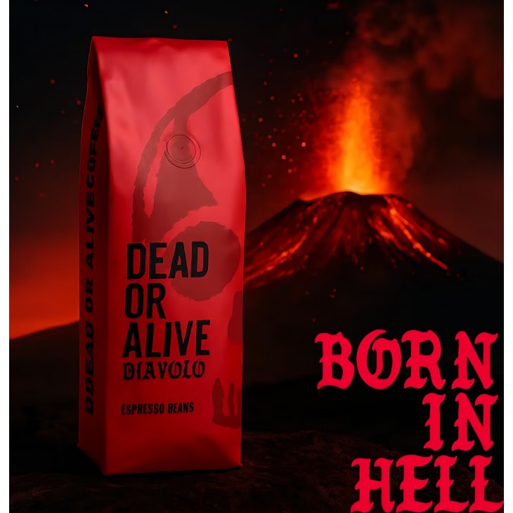 Cafea boabe DEAD OR ALIVE Diavolo 1 kg, Espresso Extra Dark, 100% Robusta, extrem de tare, aciditate scăzută, cremă stabilă, prăjire Napoli