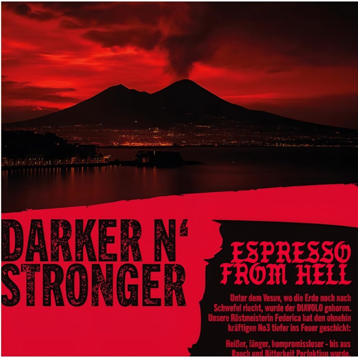 Cafea boabe DEAD OR ALIVE Diavolo 1 kg, Espresso Extra Dark, 100% Robusta, extrem de tare, aciditate scăzută, cremă stabilă, prăjire Napoli