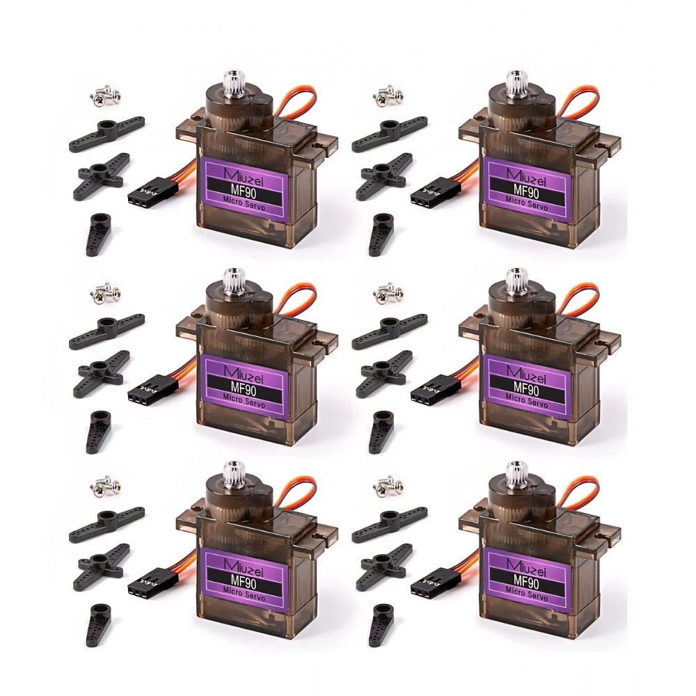Set servomotoare Miuzei cu angrenaje metalice, 6 bucati micro servo RC 9G, mini motor 180 grade, pentru Arduino, constructii modele, brat robotic, avion, masina 1/10 si 1/8, barca, cu cablu servo si brate incluse