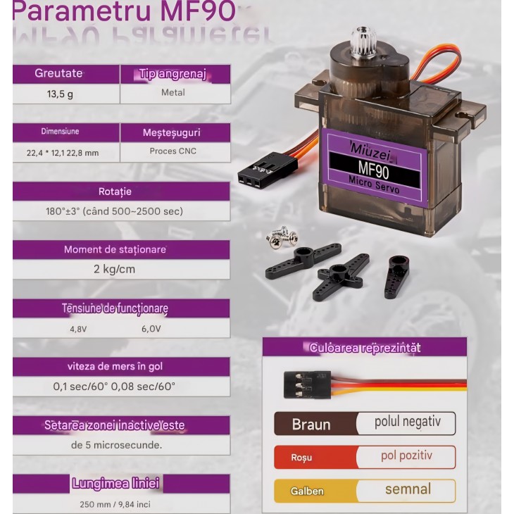 Set servomotoare Miuzei cu angrenaje metalice, 6 bucati micro servo RC 9G, mini motor 180 grade, pentru Arduino, constructii modele, brat robotic, avion, masina 1/10 si 1/8, barca, cu cablu servo si brate incluse