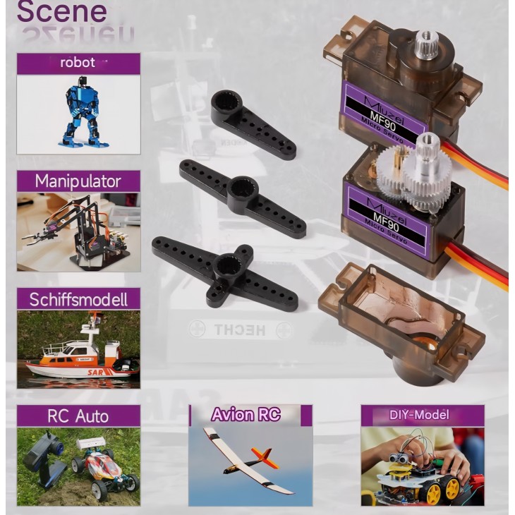 Set servomotoare Miuzei cu angrenaje metalice, 6 bucati micro servo RC 9G, mini motor 180 grade, pentru Arduino, constructii modele, brat robotic, avion, masina 1/10 si 1/8, barca, cu cablu servo si brate incluse