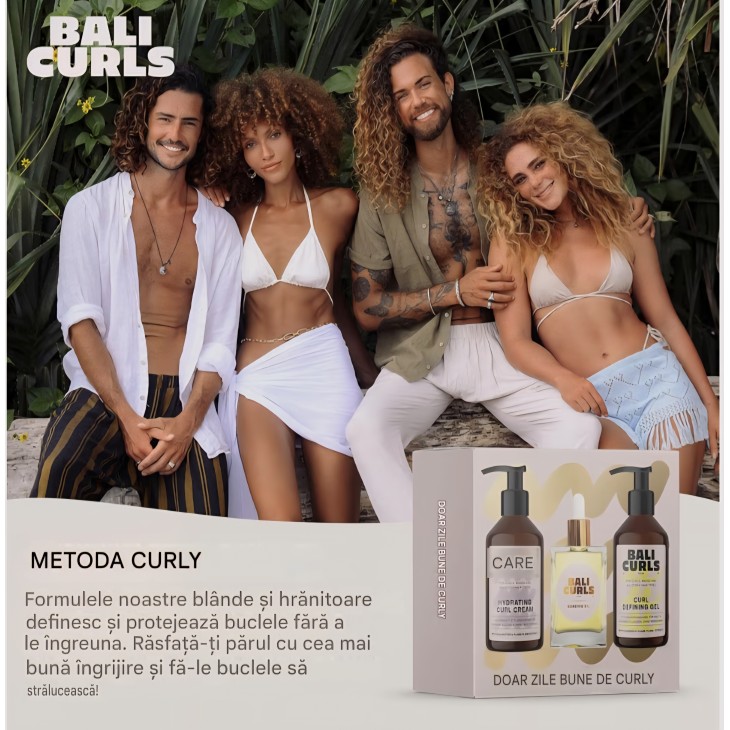Set îngrijire păr creț Bali Curls, gel pentru definirea buclelor 150 ml, cremă hidratantă pentru bucle 150 ml și ulei Bonding 30 ml, pentru bucle definite, strălucitoare și hrănite