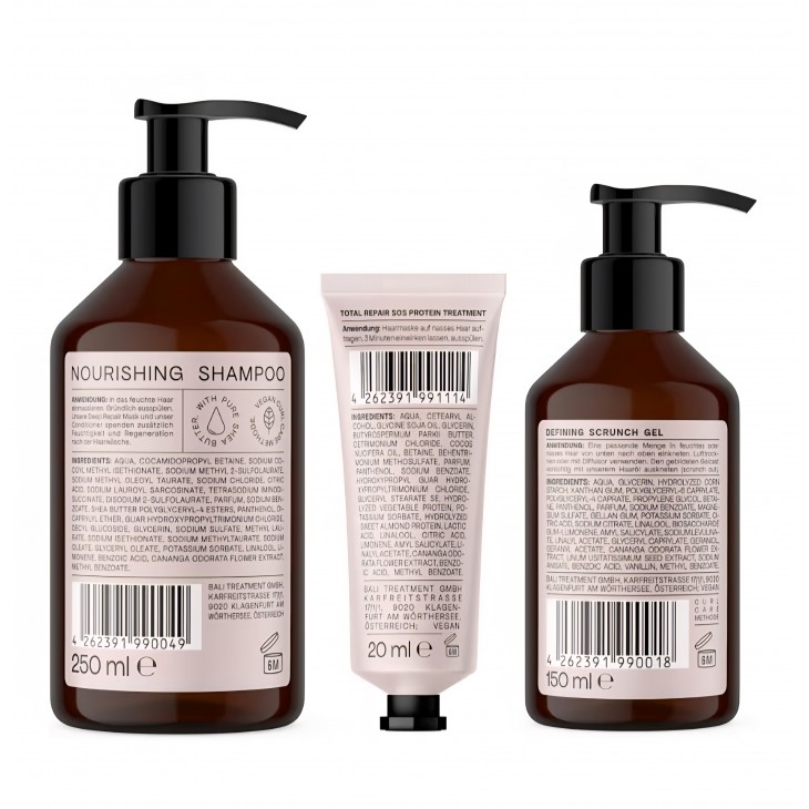 Set ingrijire par cret Bali Curls, sampon hranitor 250 ml, gel pentru definirea buclelor 150 ml si tratament proteic SOS 20 ml, pentru bucle hranite, puternice si bine definite