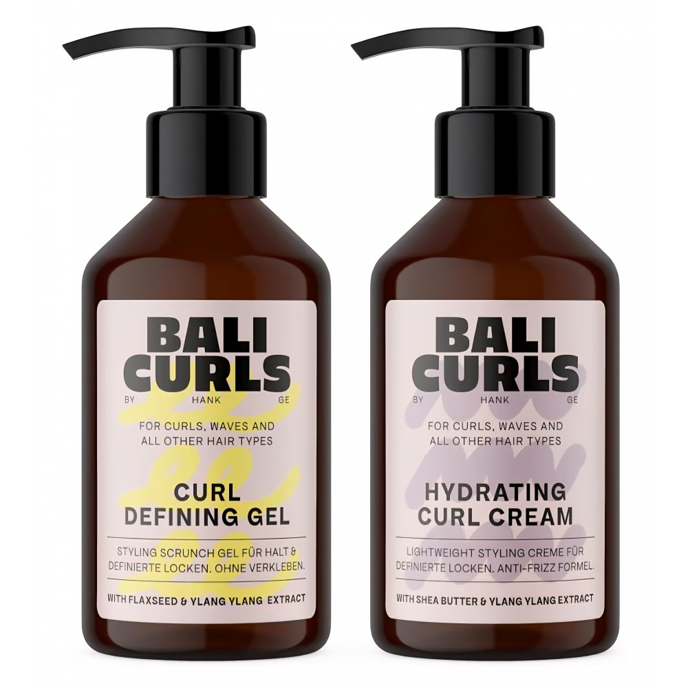 Set pentru definirea buclelor Bali Curls, cremă hidratantă pentru bucle și gel de definire 150 ml fiecare, pentru păr neted și bine conturat, hidratare, definire și fixare fără lipire
