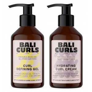 Set pentru definirea buclelor Bali Curls, cremă hidratantă pentru bucle și gel de definire 150 ml fiecare, pentru păr neted și bine conturat, hidratare, definire și fixare fără lipire