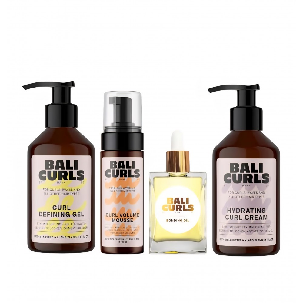 Set styling par cret Bali Curls Styling Heroes Bundle, rutina completa 4 produse pentru bucle definite, netede si pline de vitalitate, crema pentru bucle, spuma pentru volum, gel de definire si ulei Bonding