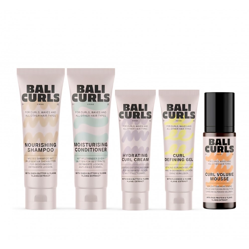 Set travel par cret Bali Curls Curl Travel Kit, 5 produse mini pentru bucle definite si sanatoase, sampon, balsam, crema pentru bucle, gel de definire si spuma, ideal pentru calatorii si sala