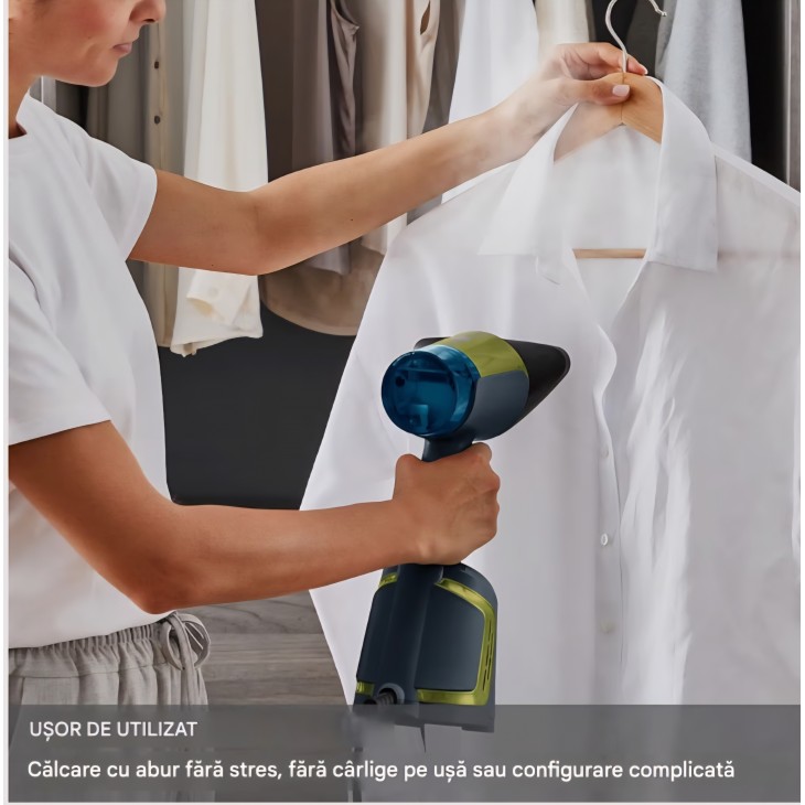 Aparat vertical de călcat cu abur Tefal Aero Steam, 1400W, talpă ceramică, debit abur 20 g/min, 3 moduri, funcție Turbo Suction, rezervor detașabil 100 ml, rezultate rapide fără cute, pentru haine și textile, albastru/verde