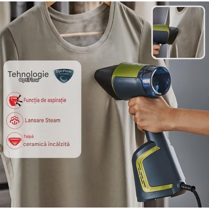 Aparat vertical de călcat cu abur Tefal Aero Steam, 1400W, talpă ceramică, debit abur 20 g/min, 3 moduri, funcție Turbo Suction, rezervor detașabil 100 ml, rezultate rapide fără cute, pentru haine și textile, albastru/verde
