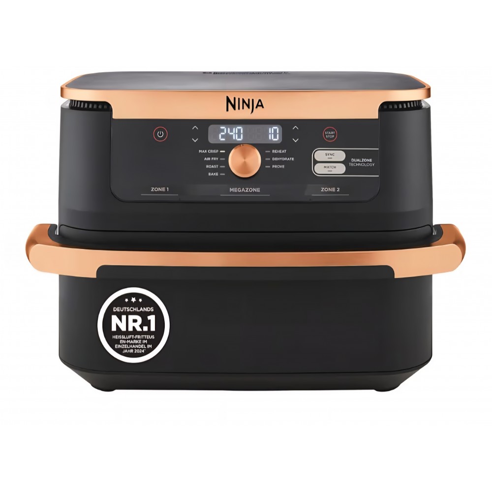 Friteuză cu aer cald Ninja Foodi FlexDrawer Dual Zone AF500EUCP, capacitate 10.4 L, compartimente dual zone cu separator detașabil, înveliș antiaderent, coș compatibil mașină de spălat vase, 7 funcții în 1, negru și cupru, termen livrare 7-8 zile